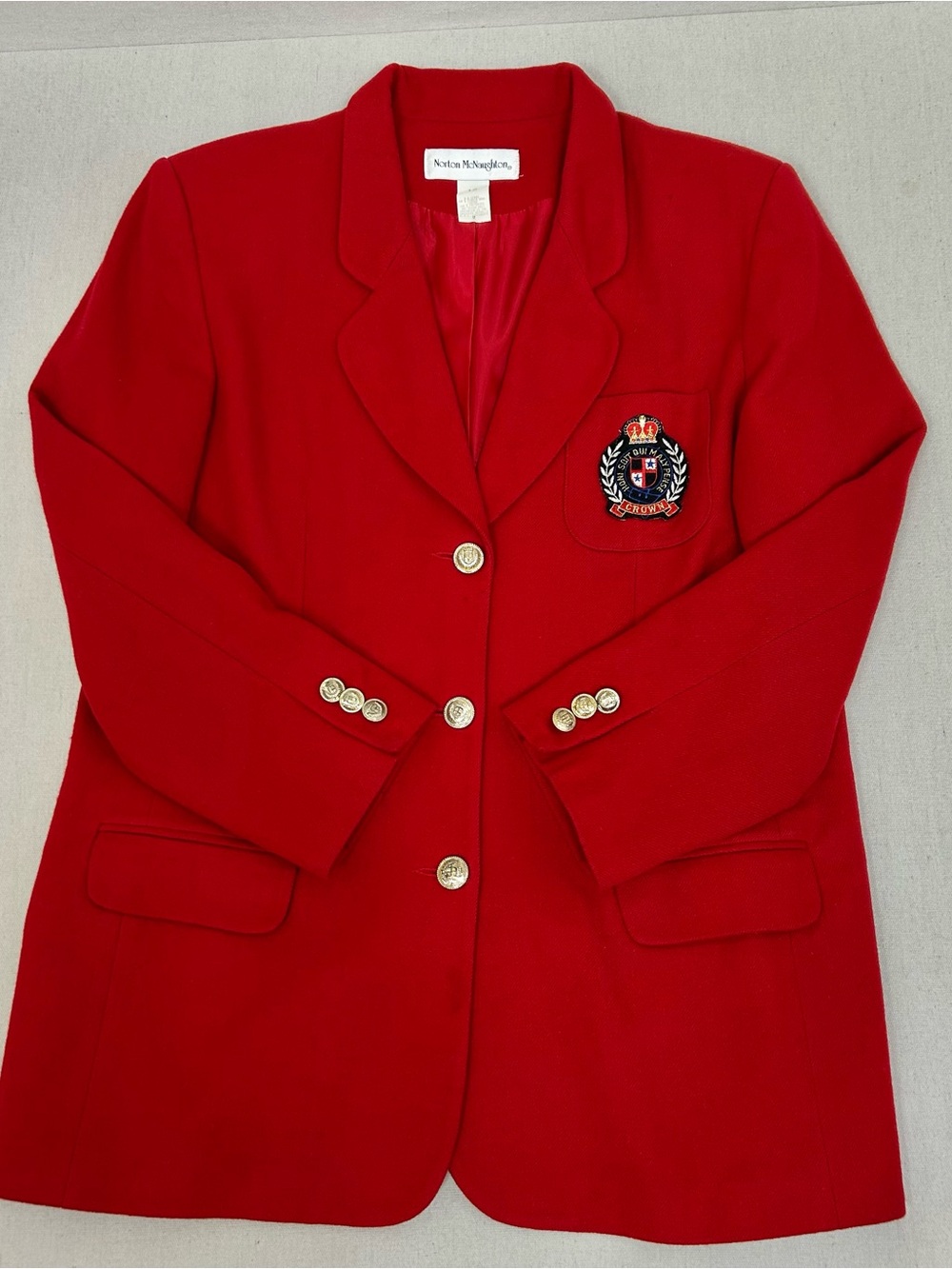 Norton McNaughton Vintage Red Virgin Wool Crest Blazer with Gold-Tone Buttons 16